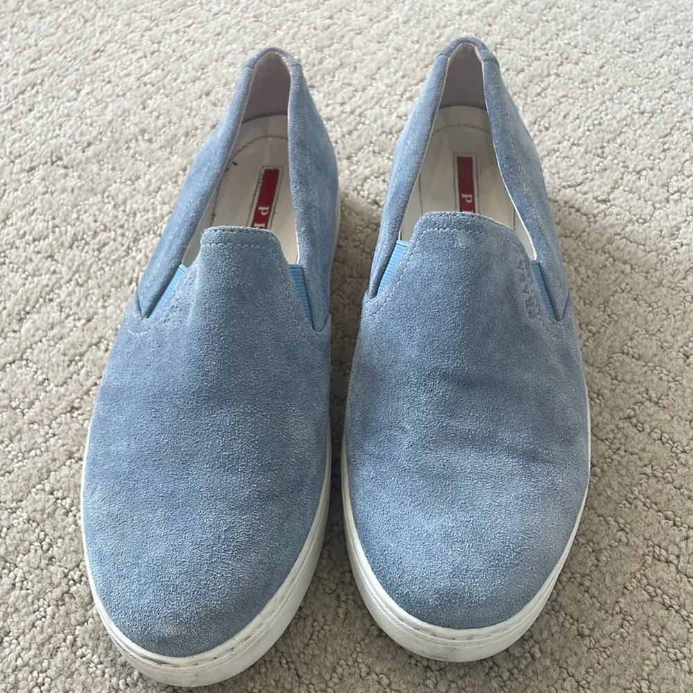 light blue suede prada loafers